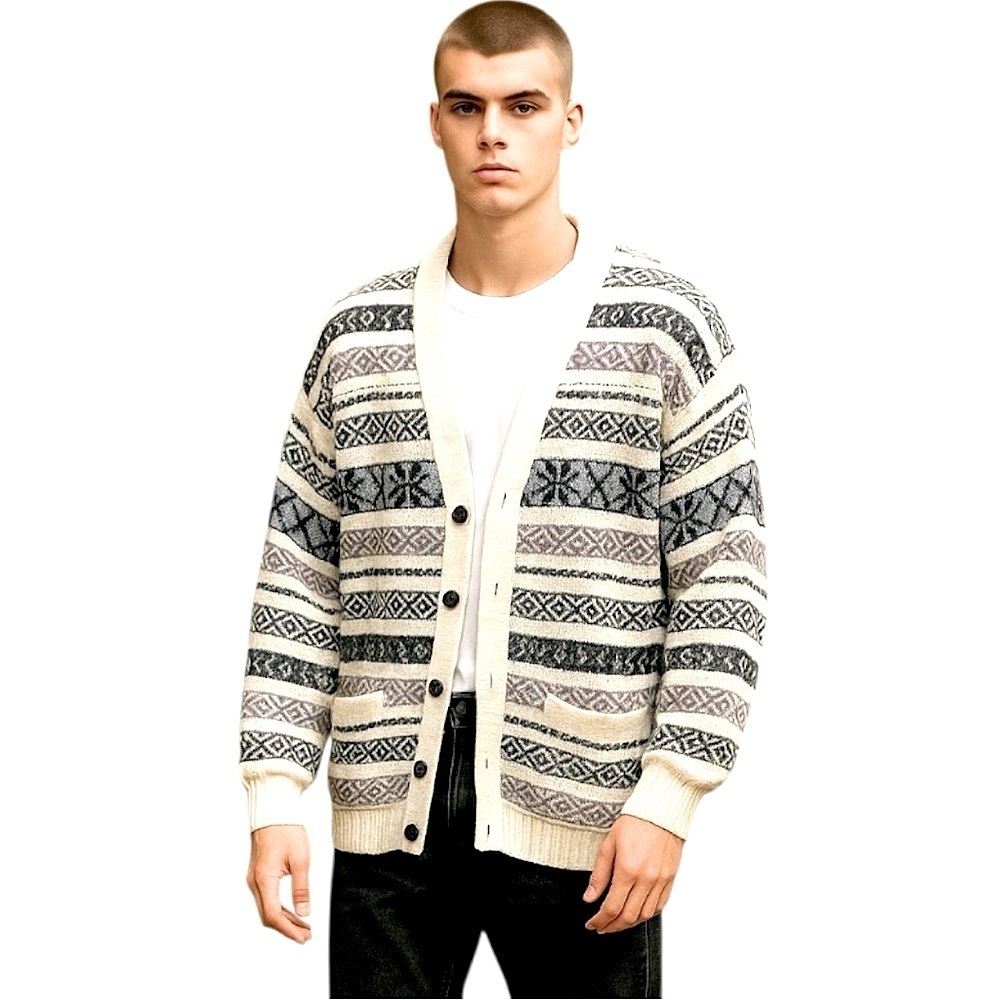 Vintage 80s Knit Cardigan Sweater Cream Patterned Sz L Relaxed V Neck Grandpa